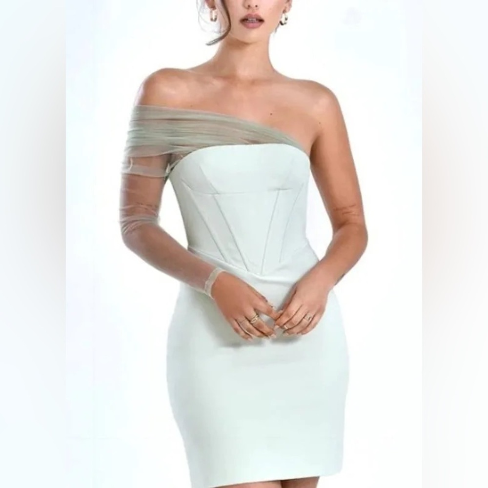 Miss Circle Yemi Sheer Mesh Sleeve Crepe Corset Dress x Mint